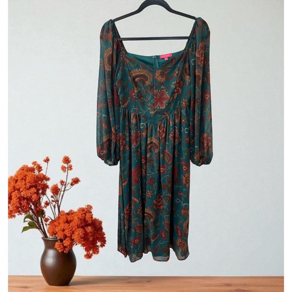 Flying Tomato Women’s SIZE Small Floral Vneck Long boho Dress green brown copper